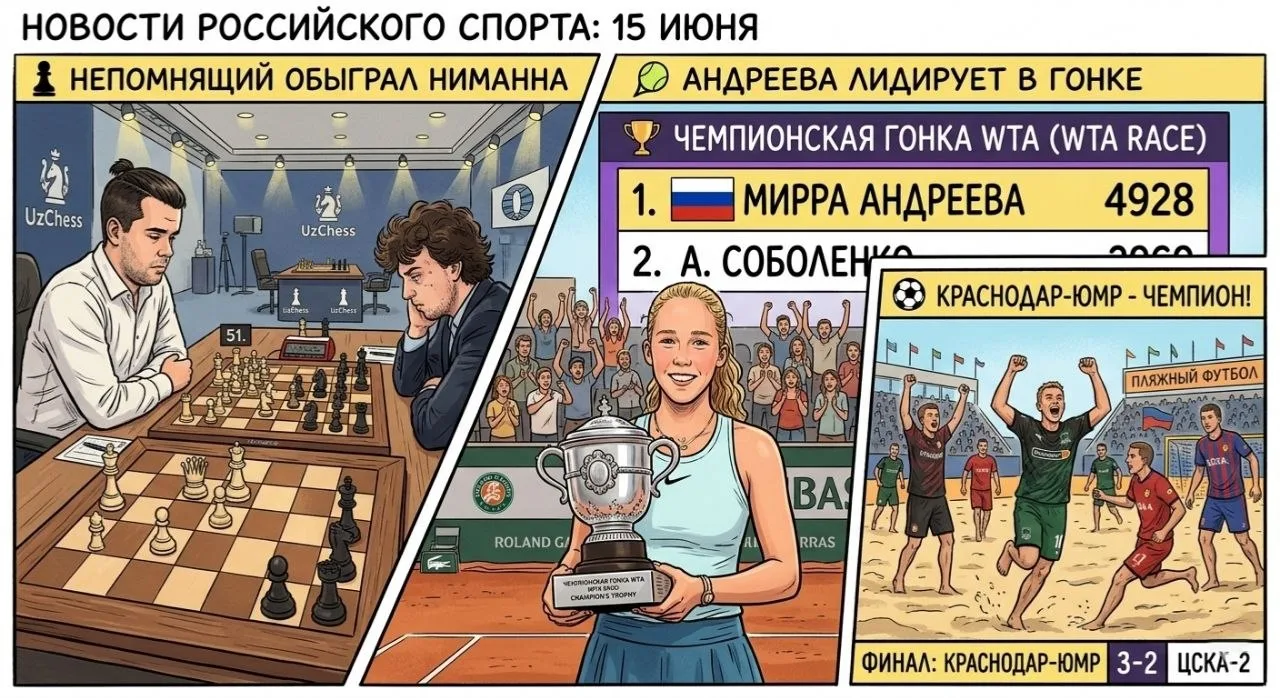 15 ИЮНЯ: ШАХМАТНОЕ ПРЕВОСХОДСТВО, ЛИДЕРСТВО В ТЕННИСЕ И НОВЫЙ ФУТБОЛЬНЫЙ ТРИУМФ

Шахматы: Ян Непомня