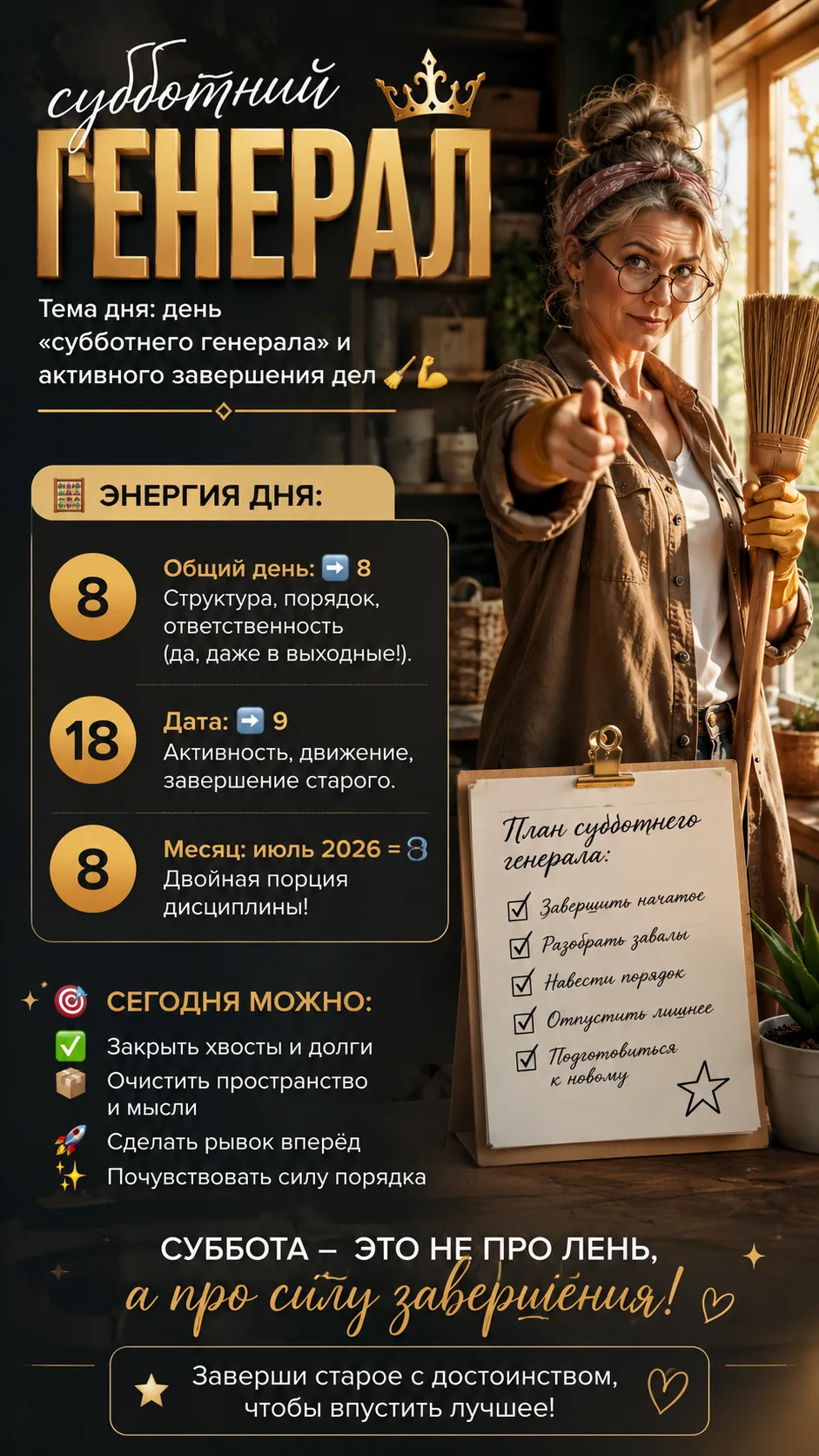 🔮 18 июля: день «субботнего генерала» и активного завершения дел 🧹💪