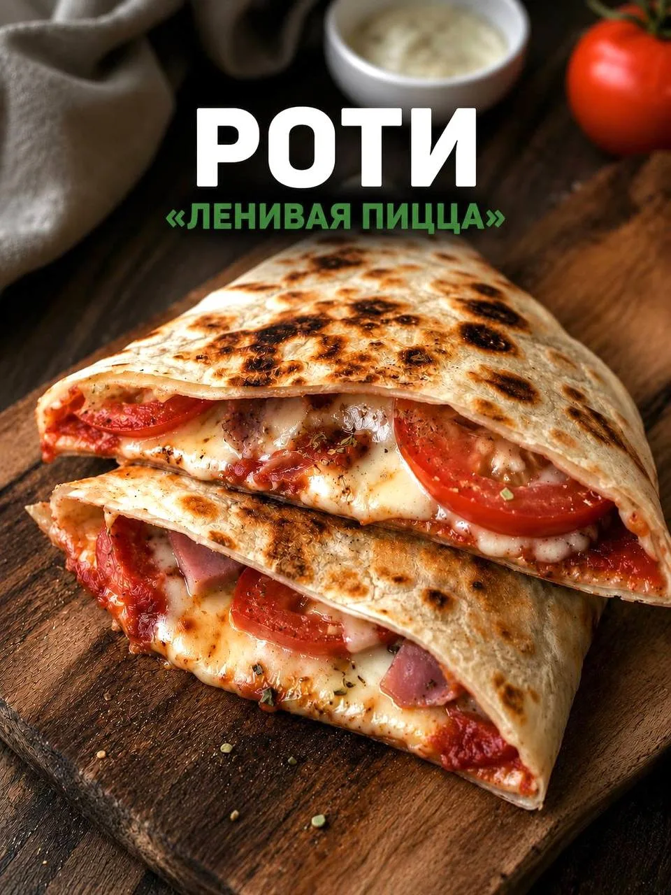 Роти «Ленивая пицца»

Ингредиенты:

лепешка роти;
томатная паста или кетчуп;
моцарелла;
помидор;
люб
