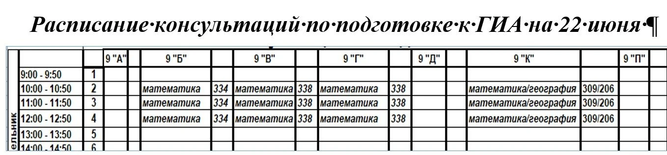 Добрый день, расписание консультаций по подготовке к ГИА обучающихся 9-х классов на 22 июня