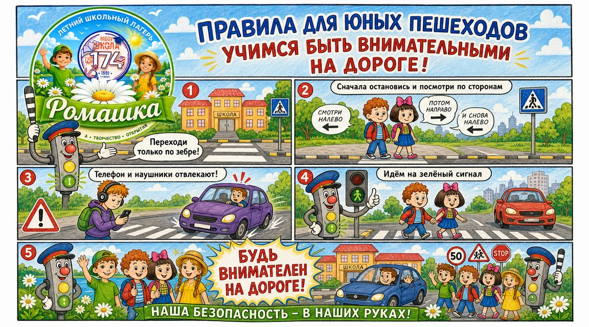 📢 В школьном лагере «Ромашка» (МБОУ «Школа №174» г.о. Самара) прошёл творческий конкурс по безопасн