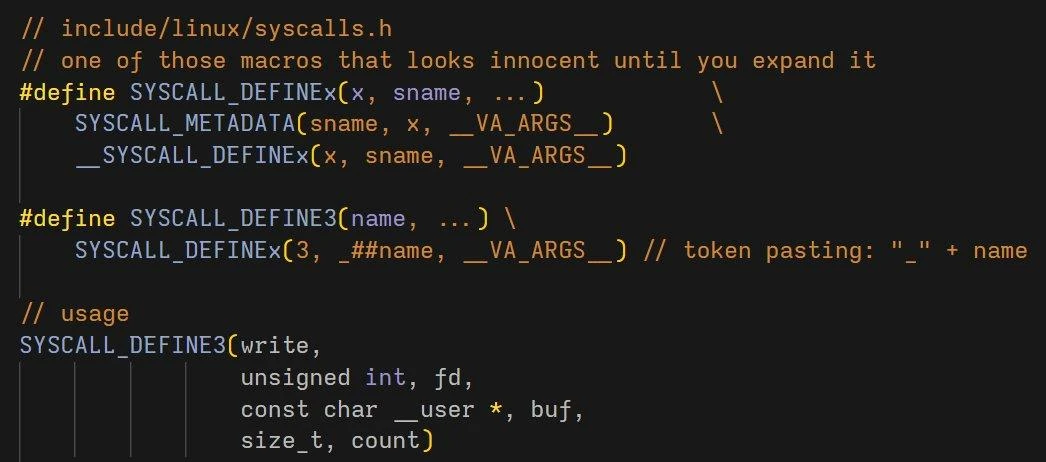 В Linux даже обычный syscall начинается с макроса.

Например:
`SYSCALL_DEFINE3(write, unsigned int, 