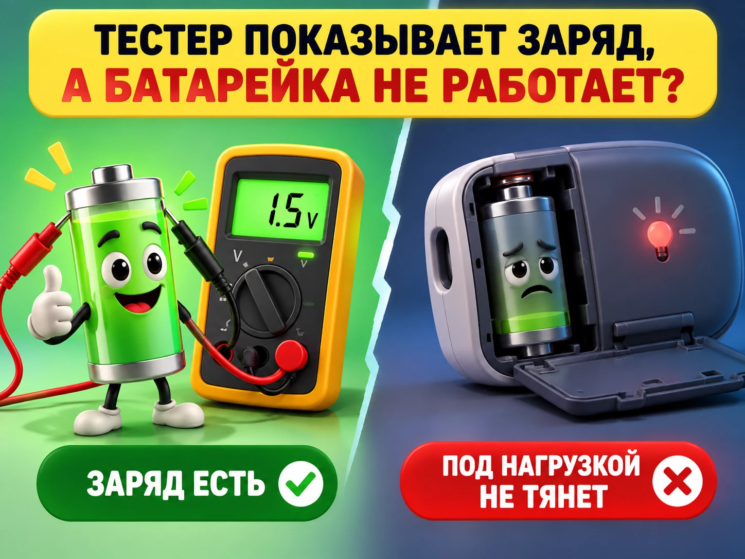 Тестер показывает заряд, а батарейка не работает - почему?