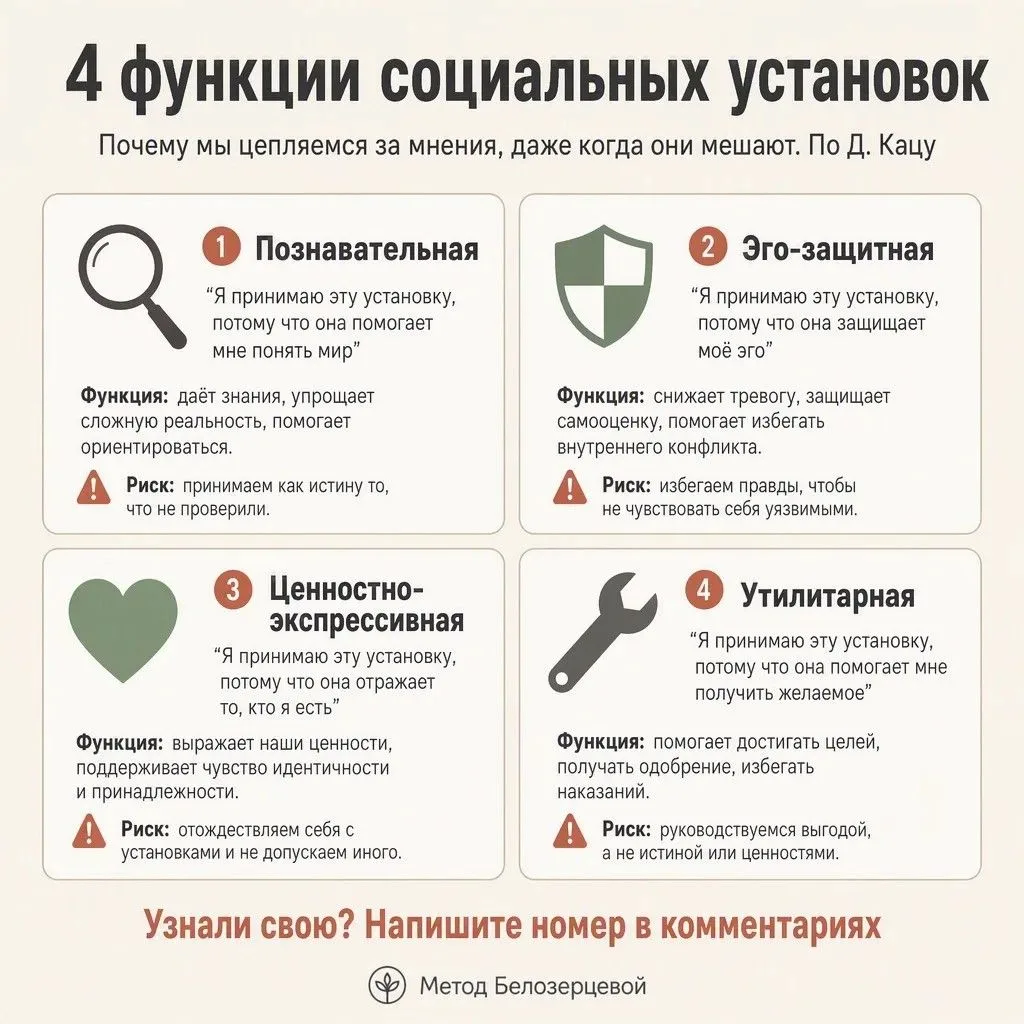 ФУНКЦИИ СОЦИАЛЬНЫХ УСТАНОВОК: ПОЧЕМУ МЫ ЦЕПЛЯЕМСЯ ЗА МНЕНИЯ, ДАЖЕ КОГДА ОНИ МЕШАЮТ