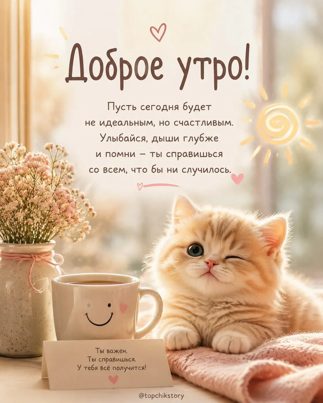 На утро вам в двух вариантах 😉

Какую заберете?
♥️ - первую нежнятинку
😀 - вторую с юморком
🥰 - о