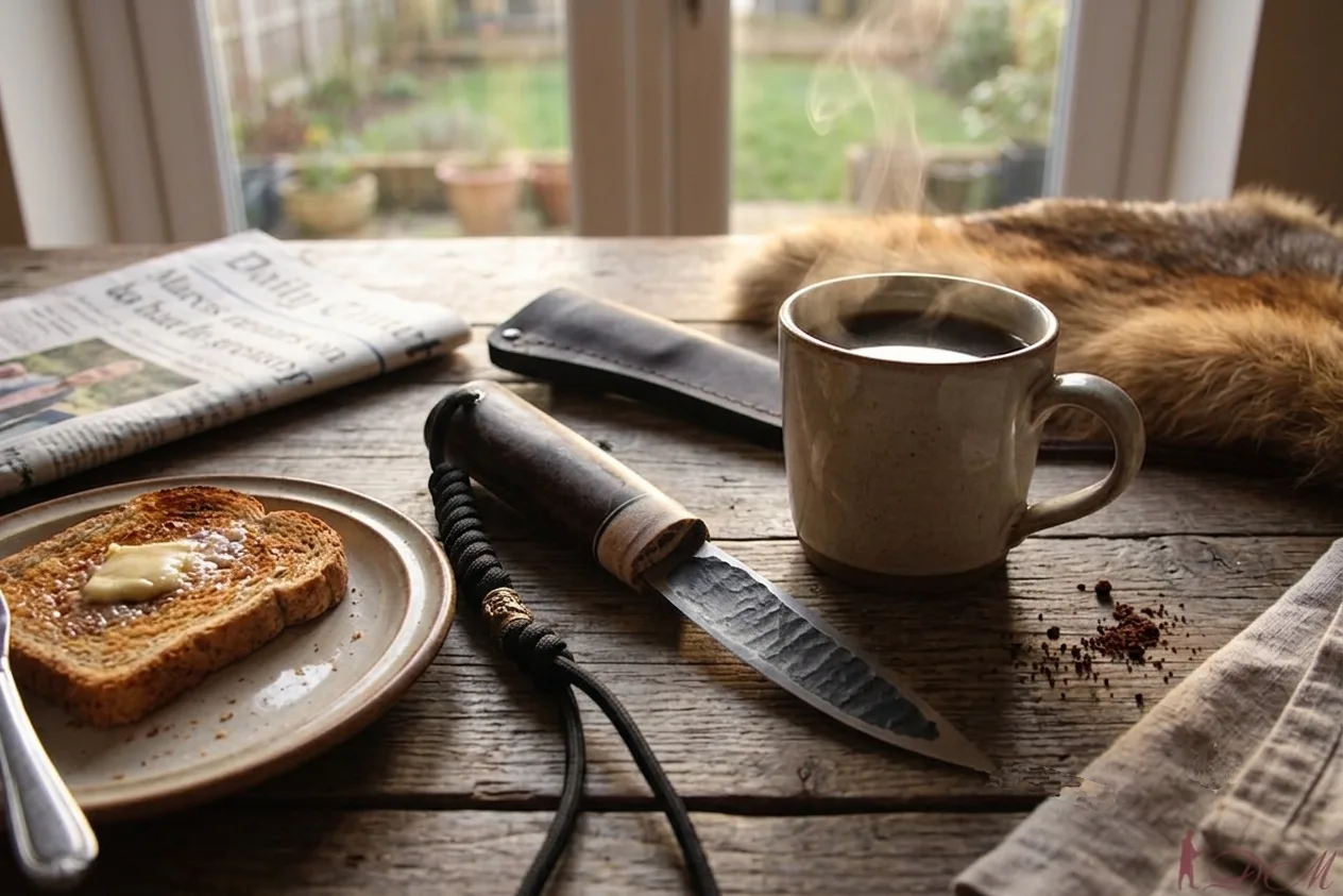 ## Острое утро ☕️🔪
Полумрак, аромат кофе и он — северный нож на деревянном столе.
 * Клинок K340: б