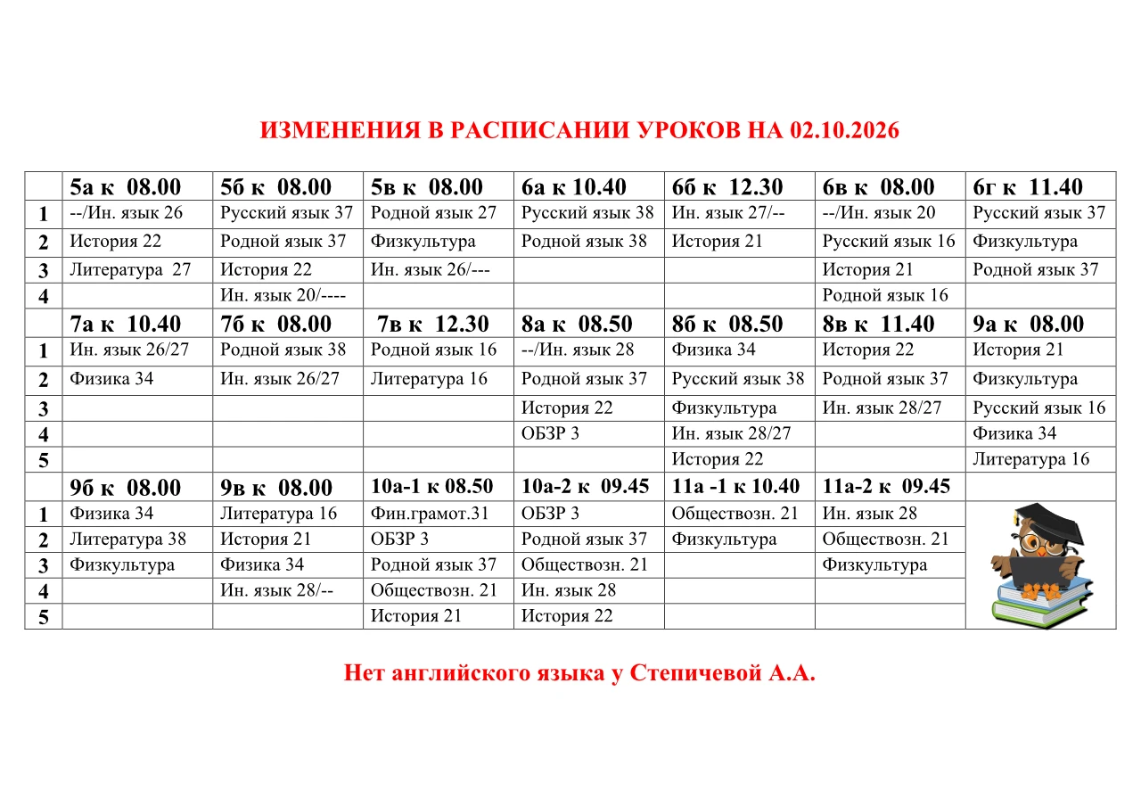 Изменения в расписании