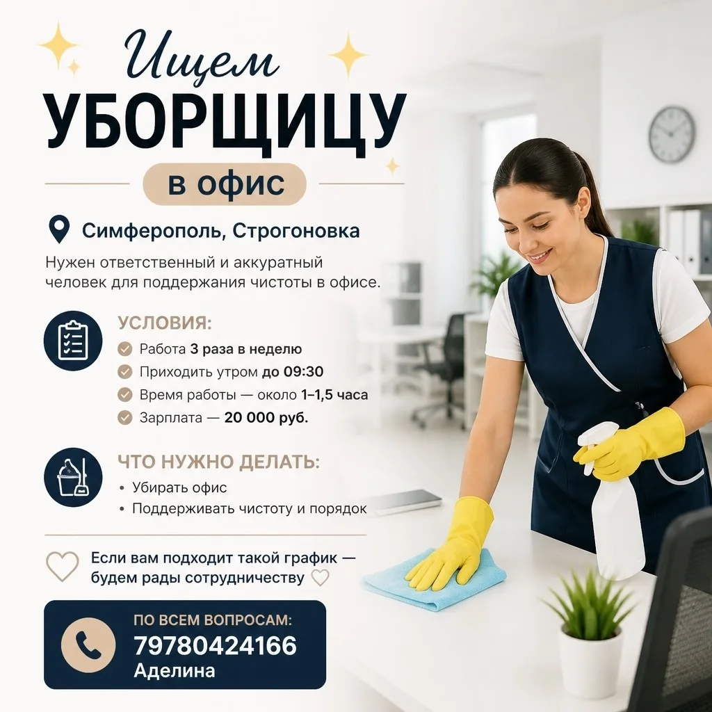 ✨ Ищем уборщицу в офис ✨ 
 
📍 Симферополь, Строгоновка 
 
Нужен ответственный и аккуратный человек 