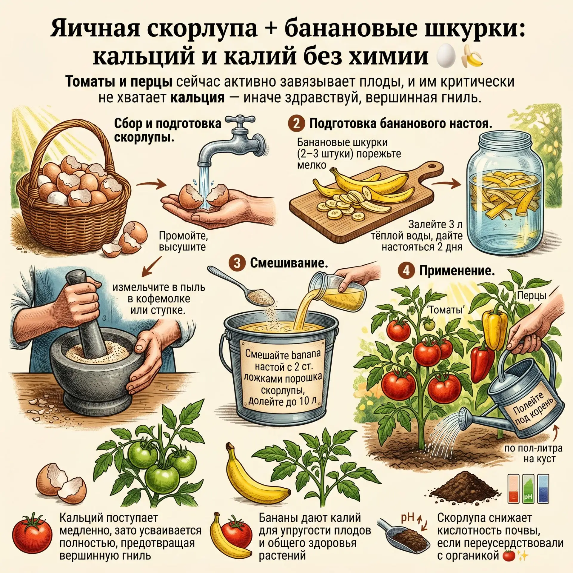 Яичная скорлупа + банановые шкурки: кальций и калий без химии 🥚🍌
