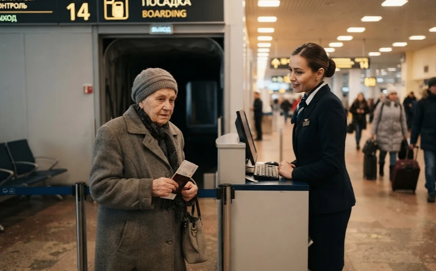 Пожилая женщина трижды подходила к выходу на посадку и отступала. На четвёртый раз она наконец решил