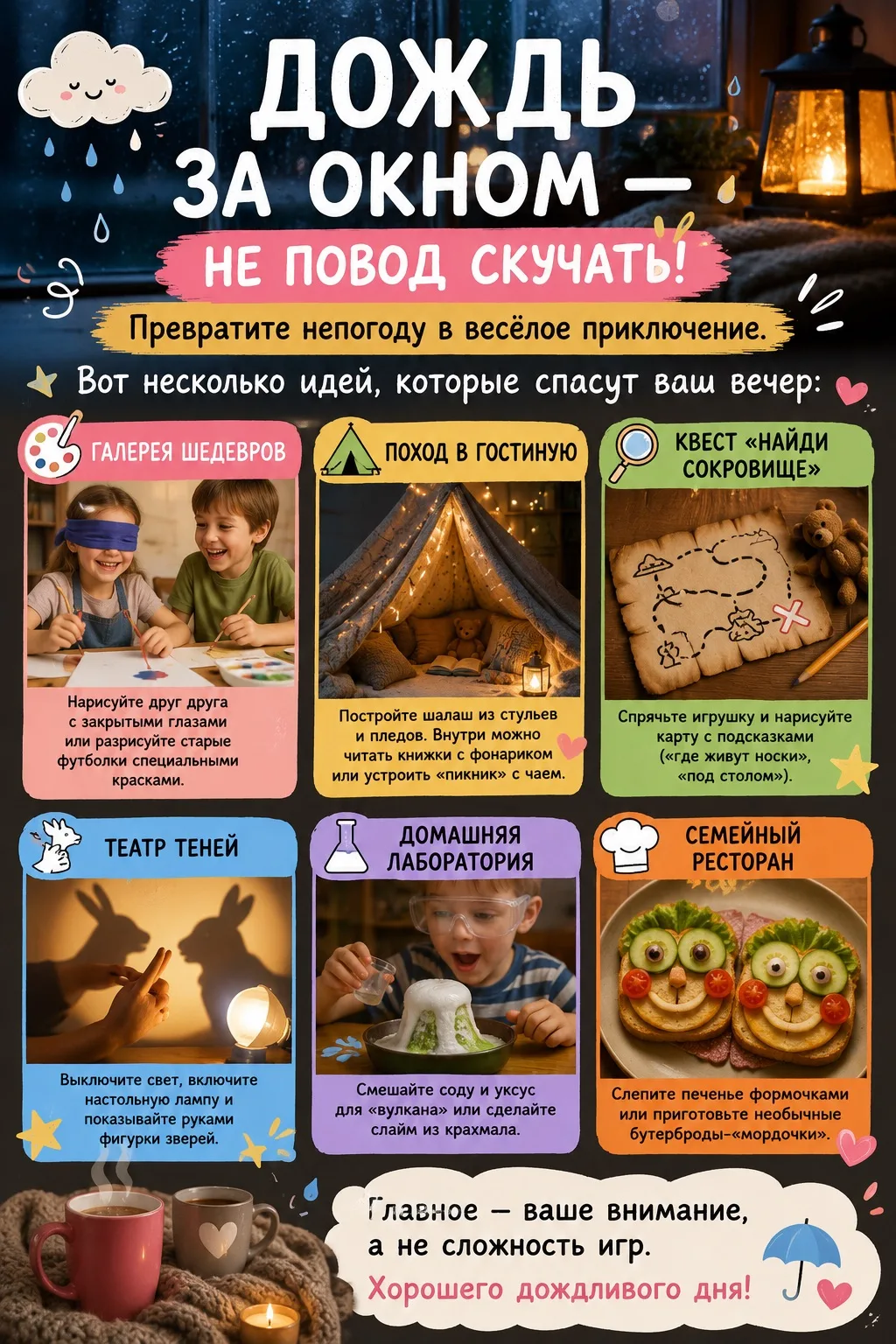 Дождь за окном — не повод скучать! 

Превратите непогоду в весёлое приключение. Вот несколько идей, 