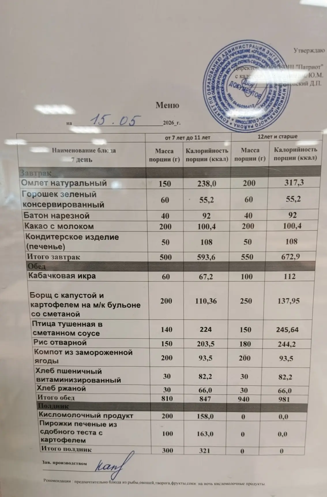 Учреждение: МОУ СОШ Патриот с кадетскими классами. Дата: 15.05.2026 Вид питания: обед Меню: - кабачк