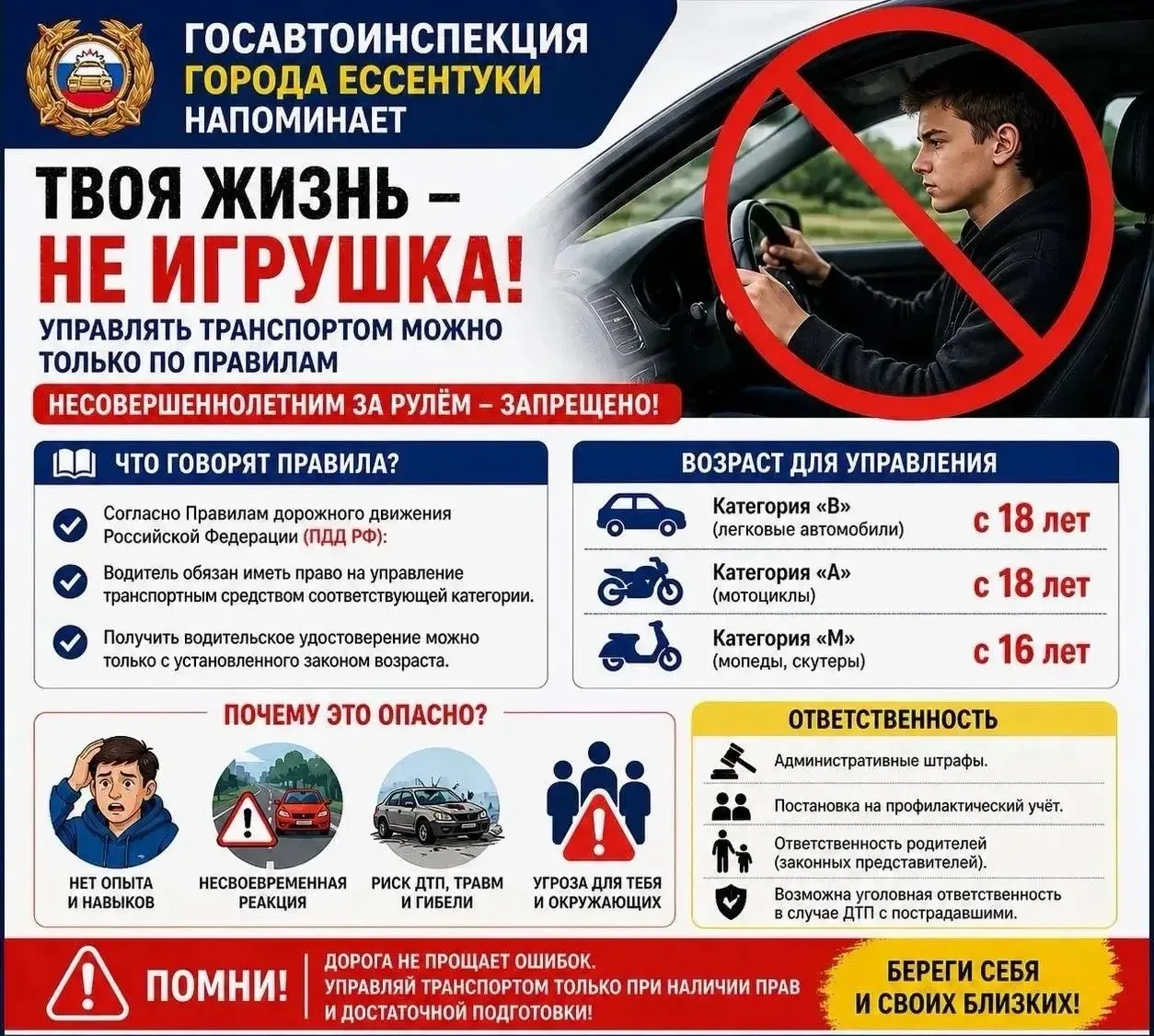 🚔❗️Госавтоинспекция  напоминает:

Управление транспортными средствами несовершеннолетними недопусти