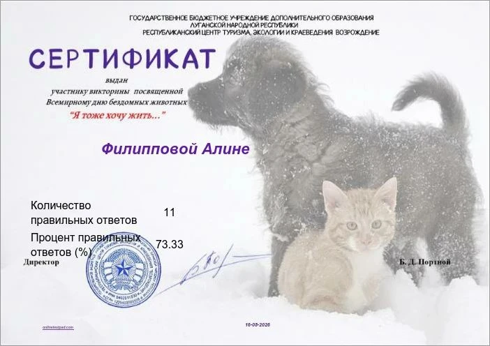 Сертификатом награждаются Шкоркина Дарья и Филиппова Алина, обучающиеся ГБОУ ЛНР "СЛСПШ...