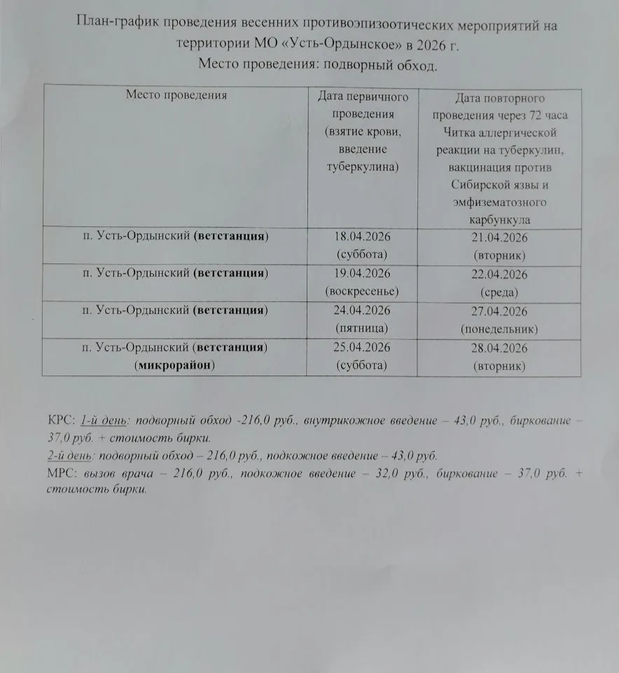 График проведения весенних плановых противоэпизоотических мероприятий в п. Усть-Ордынский