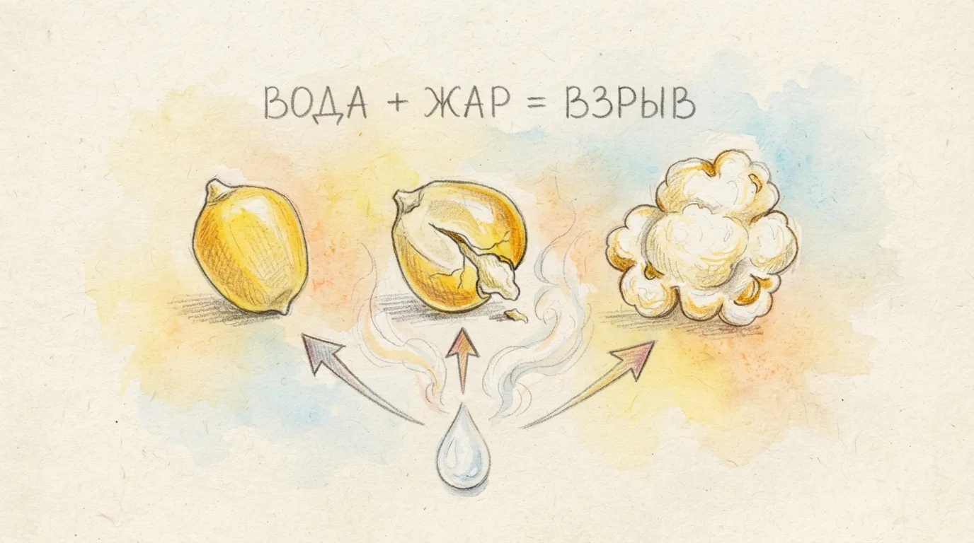 Внутри каждого зёрнышка попкорна есть немного воды. Когда нагреваешь — вода превращаетс...