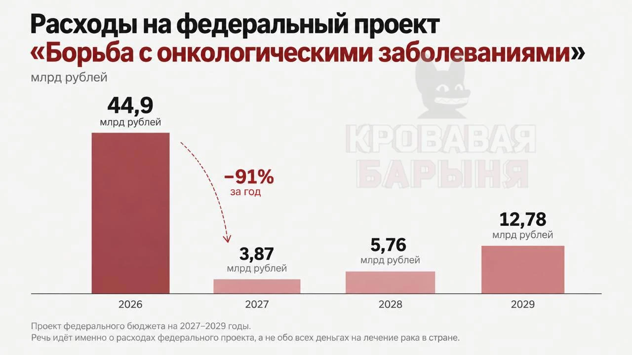 Расходы на борьбу с раком сократят почти в 12 раз — с 44,9 до 3,9 млрд рублей.
