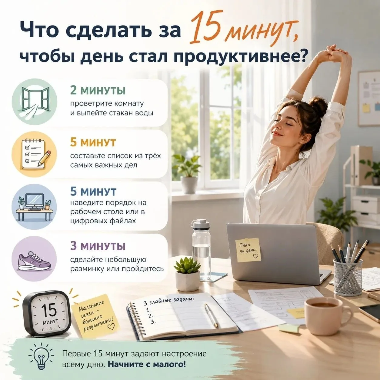 Как сделать день продуктивнее за 15 минут?
Часто именно первые 15 минут задают настроение всему дню.