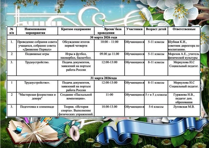 🌷 Весенние каникулы в нашем лицее🌸  Приглашаем ознакомиться с планом работы на весенних каникулах. М