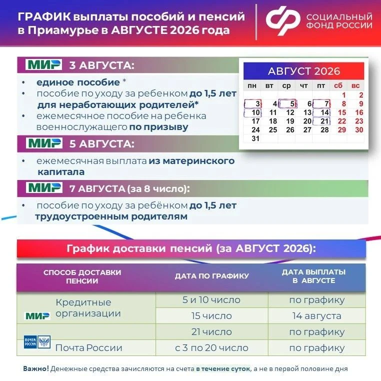 📌 ГРАФИК ДОСТАВКИ выплат от Отделения СФР по Амурской области в АВГУСТЕ 2026 года

3 АВГУСТА 💳
✅ е
