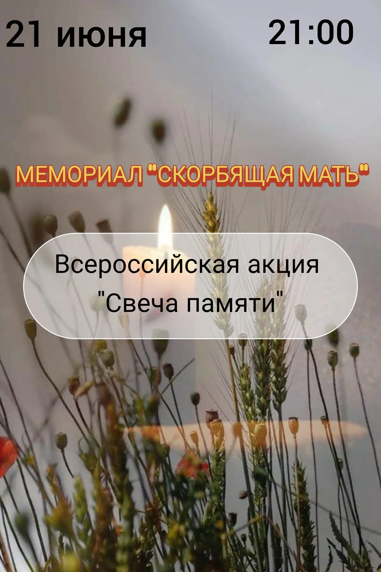 Дорогие станичники!
21июня в 21.00 приглашаем вас принять участие в акции
«СВЕЧА ПАМЯТИ» у мемориала