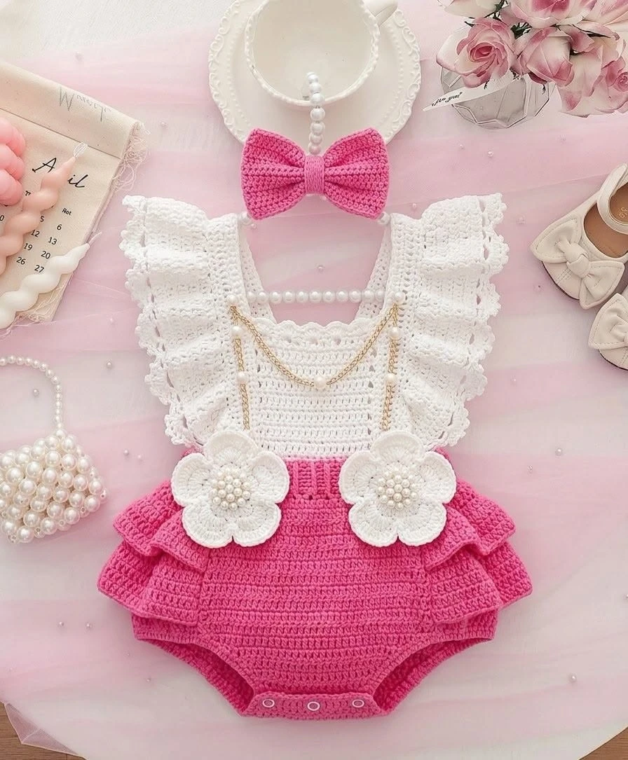 🌸 Нежный комплект крючком для малышки в бело-розовой гамме