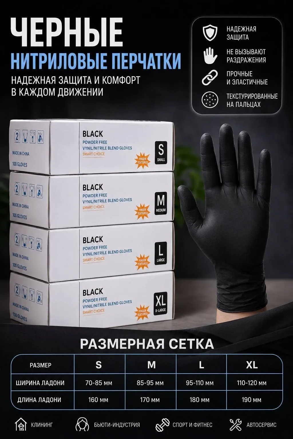 🖤 Чёрные винил нитриловые  перчатки — практичная защита для работы и повседневных задач.