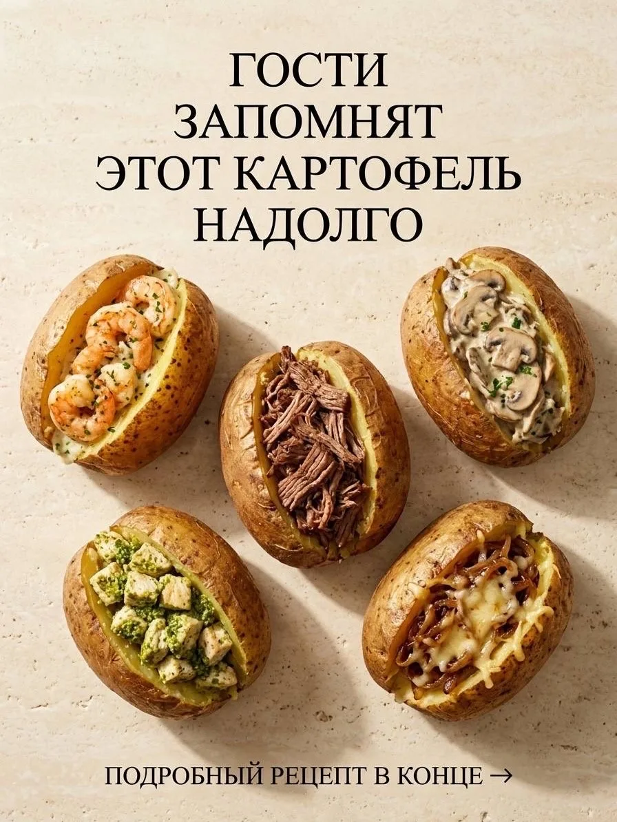 Запечённая картошка давно может быть не просто гарниром 🥔✨

Креветки в чесночном соусе, грибной жюл