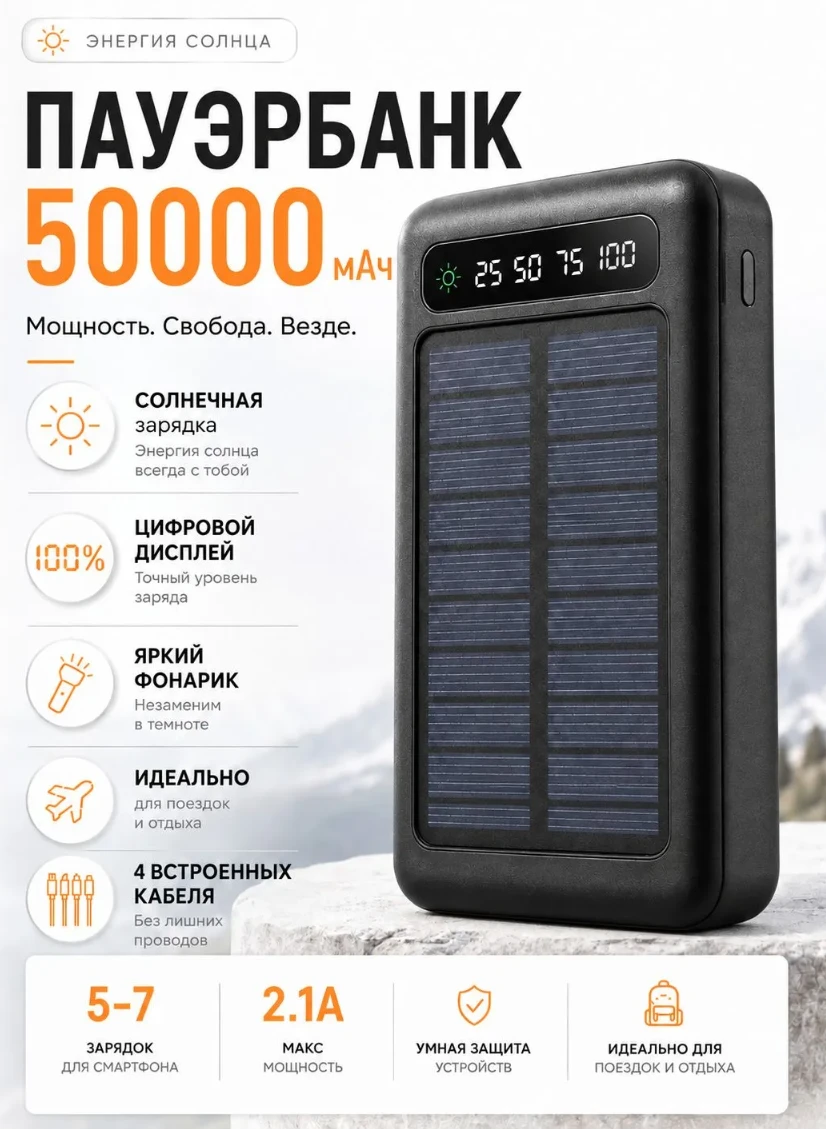 powerbank 50000mah чёрный/Внешний аккумулятор, 50000 мАч, 15 Вт - 732р.