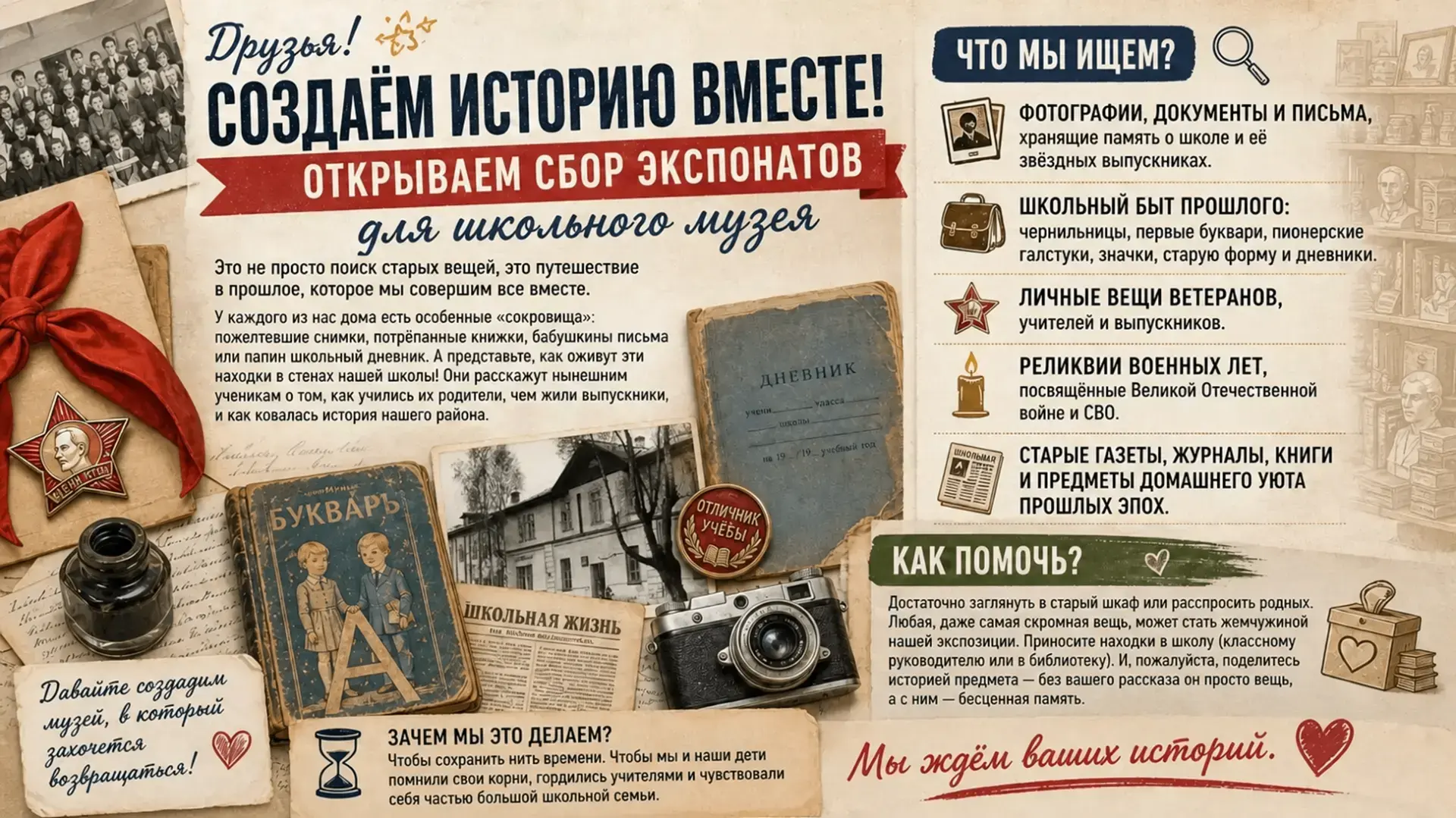 Уважаемые родители!!! В школе создаётся  музеё  в рамках  реализации проекта "Хранители...