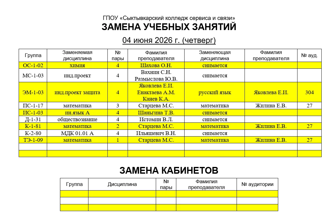 Замена учебных занятий на 04.06.2026