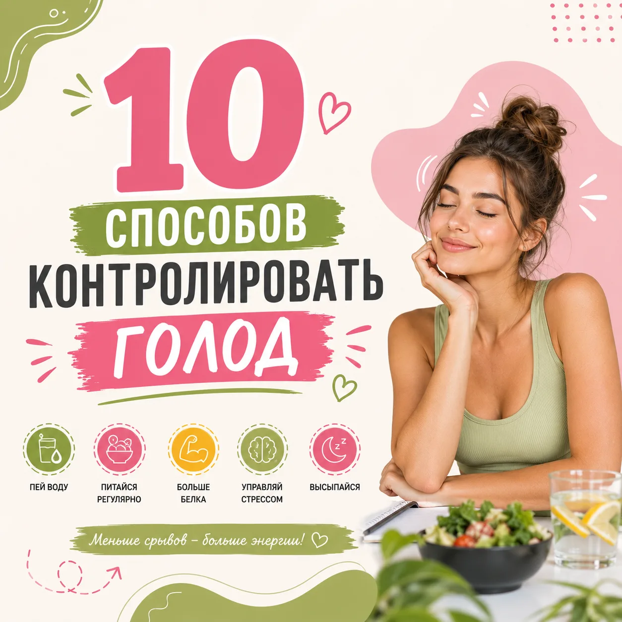 10 СПОСОБОВ КОНТРОЛИРОВАТЬ ГОЛОД.

1️⃣ Подобрать оптимальное количество приемов пищи.

Кому-то комфо