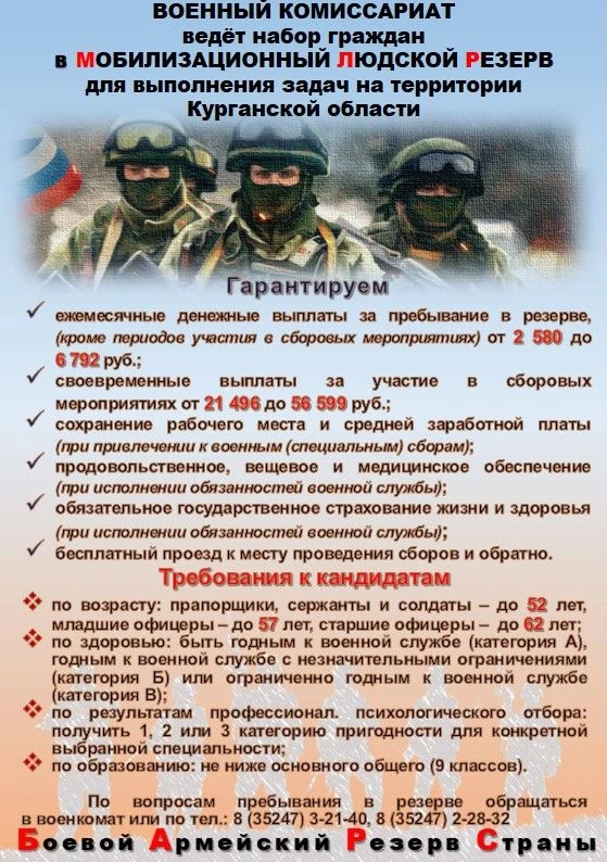 Военный КОМИССАРИАТ КУРГАНСКОЙ ОБЛАСТИ ведёт набор граждан в МОБИЛИЗАЦИОННЫЙ людской РЕЗЕРВ