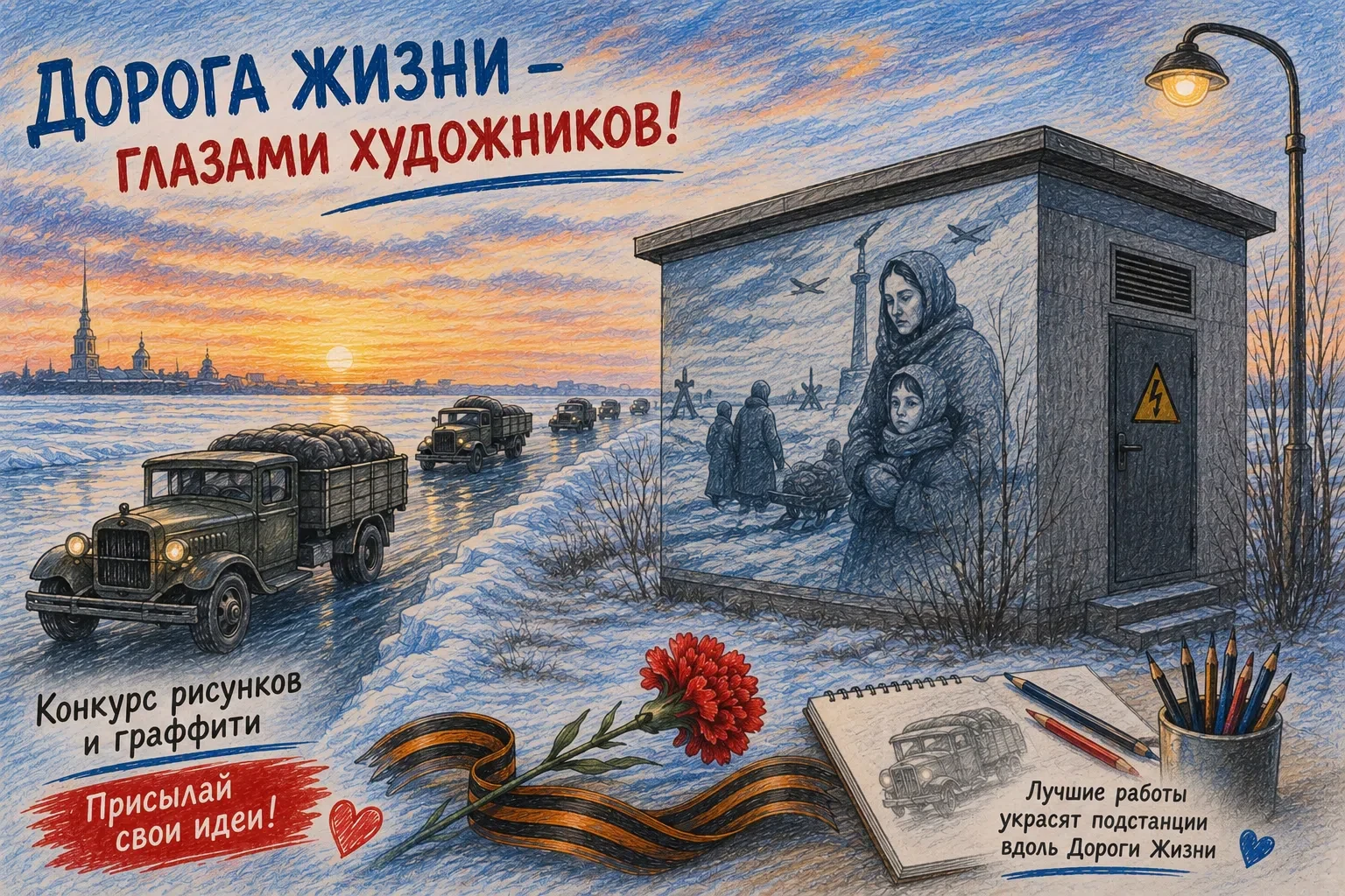 «Дорога Жизни» глазами художников 👨‍🎨
 
    Комитет по дорожному хозяйству и ГБУ «Ленавтодор» запу