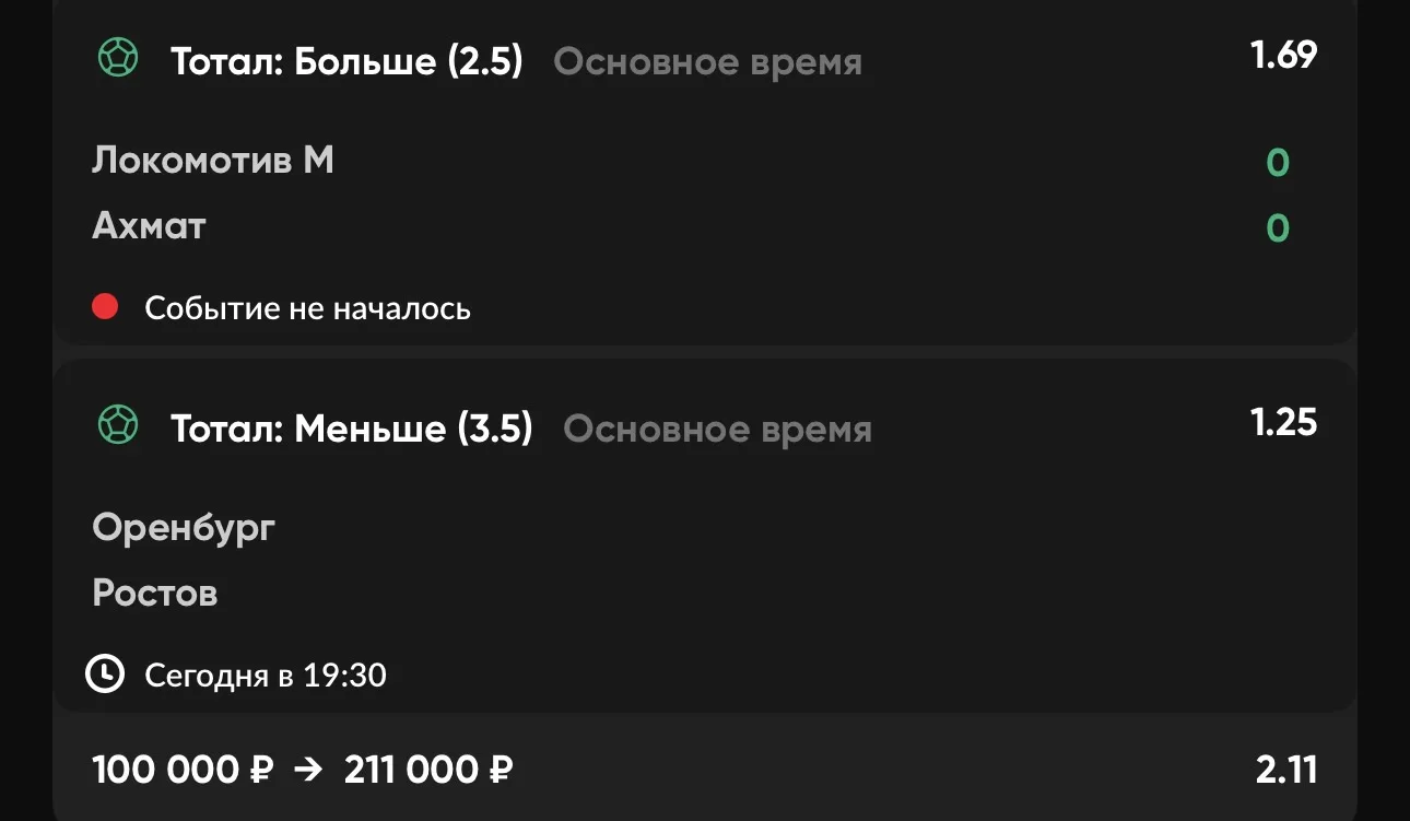 Экспресс №3 ⚽️

1️⃣ Тотал: Больше (2.5)❌
🏟 Локомотив М — Ахмат

2️⃣ Тотал: Меньше (3.5)
🏟 Оренбург