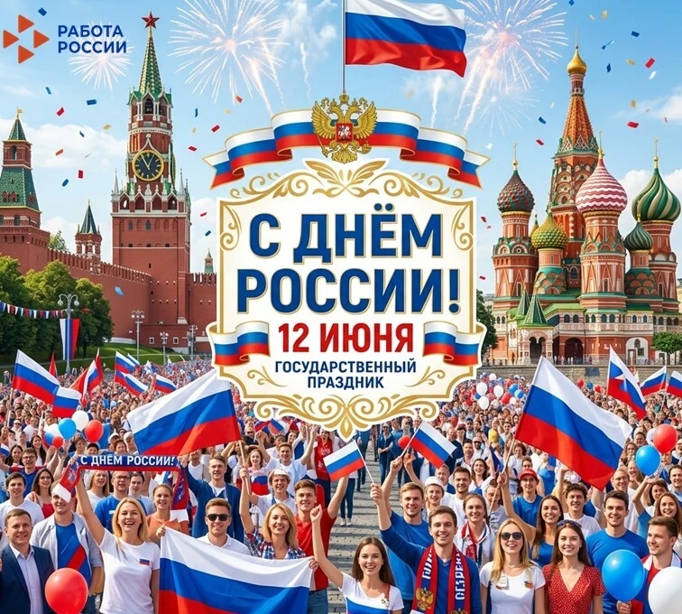 С Днём России! 🇷🇺  
Центр занятости населения поздравляет вас с праздником — днём гордости за стра