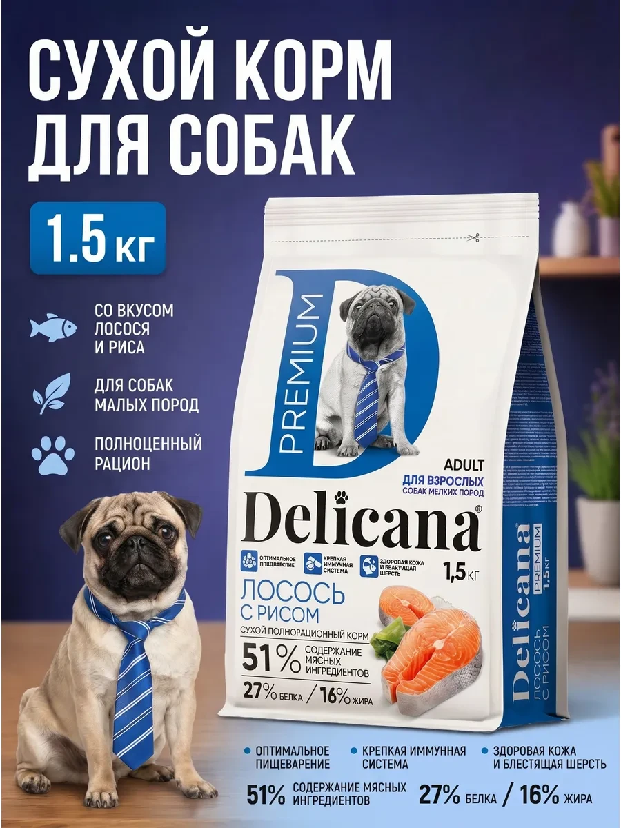 ⚡️ Сухой корм для собак мелких пород с лососем, Delicana