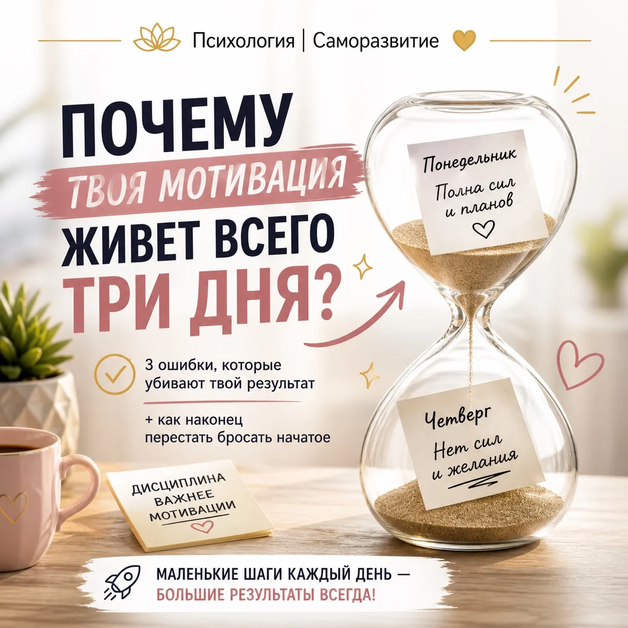 Почему твоя мотивация живет всего три дня?

Знакомо это чувство? В понедельник ты готова свернуть го