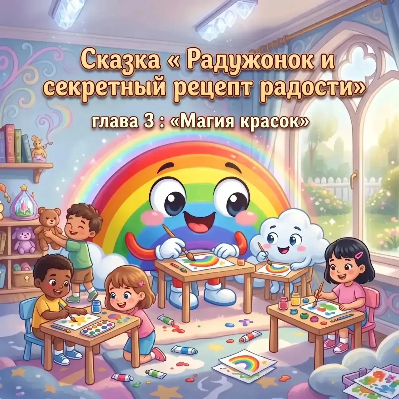 📚 Глава 3 : «Магия красок»
В среду Радужонок и Тучка-Грустинка отправились на занятие по рисованию.