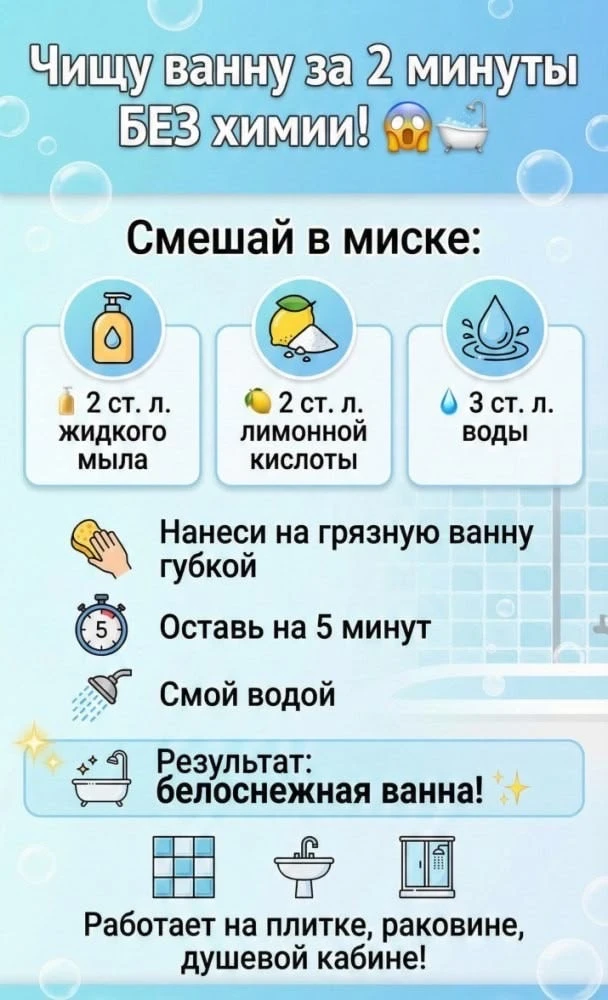 Чищу ванну за 2 минуты БЕЗ едкой химии: Белоснежный результат ✨🚿