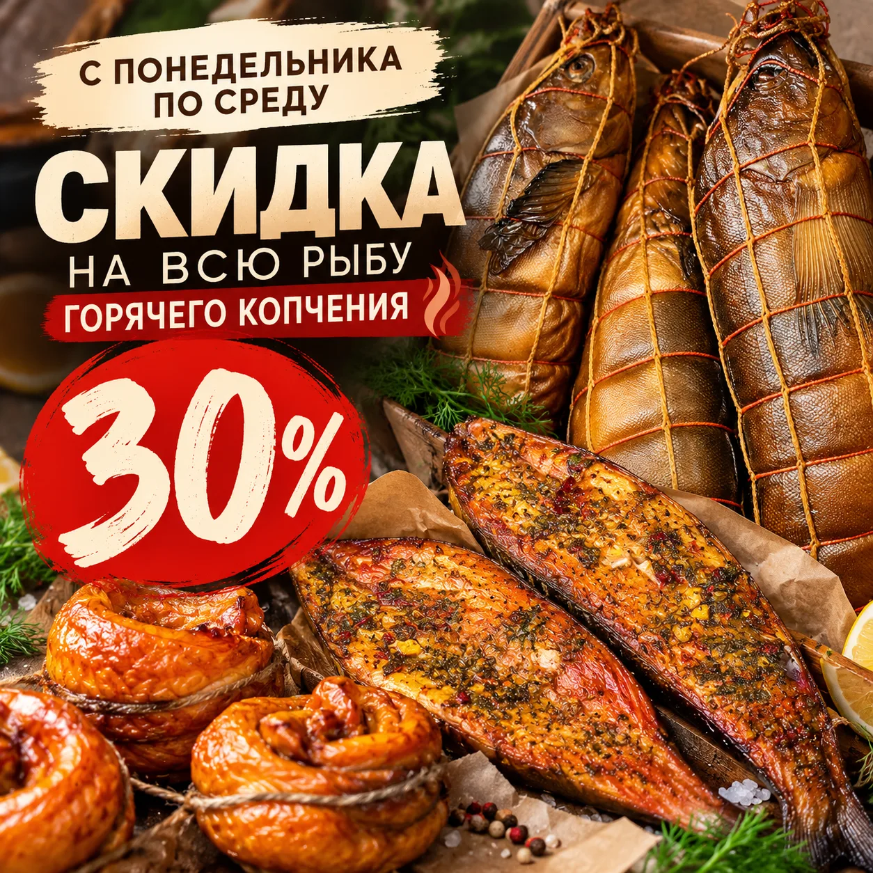🔥 С ПОНЕДЕЛЬНИКА ПО СРЕДУ — СКИДКА 30% НА ВСЮ РЫБУ ГОРЯЧЕГО КОПЧЕНИЯ!