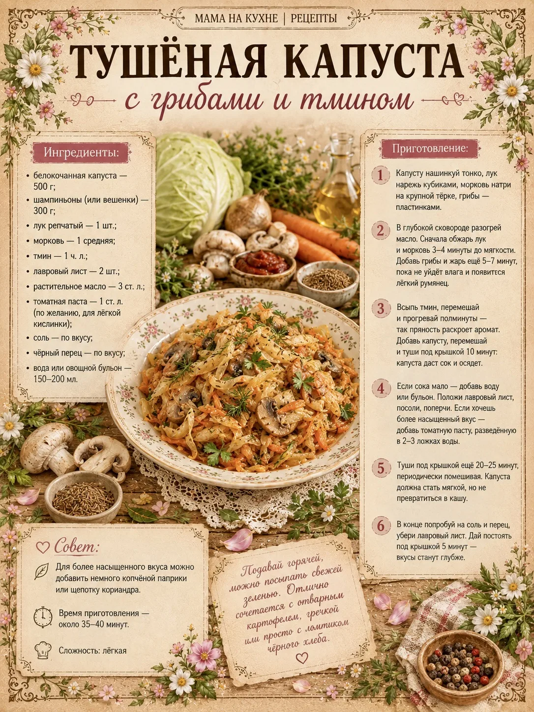 🌸 Тушёная капуста с грибами и тмином 🌸