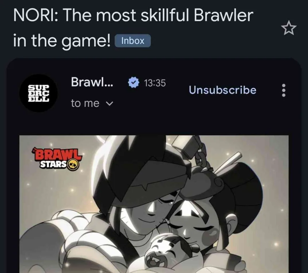 ⚡️Топ-1 скиллозависимый?

Brawl Stars отправил некоторым игрокам на почту сообщение о выходе Нори. О