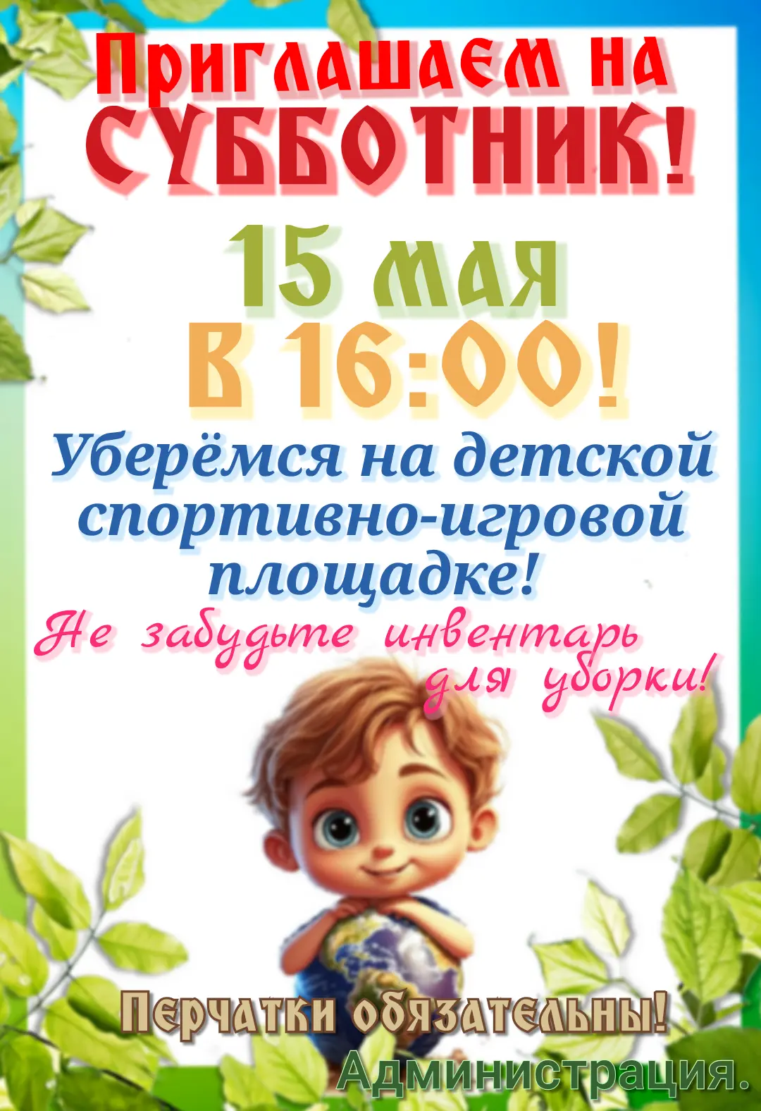 Приглашаем всех-всех-всех на субботник! Надо прибрать нашу детскую спортивно-игровую пл...