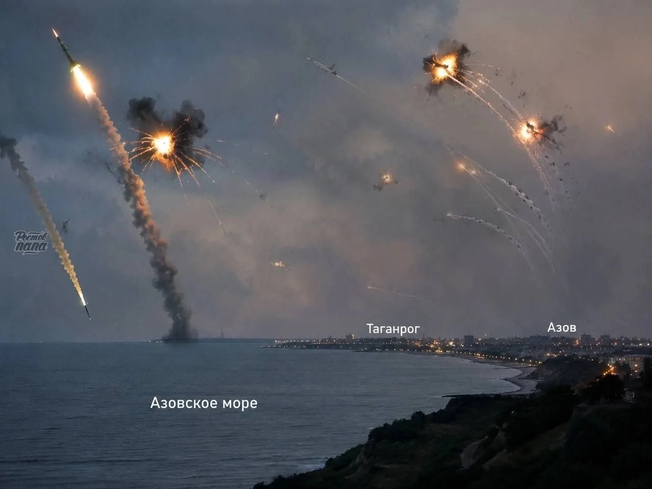 💥 Продолжается атака на Таганрог. Десятки взрывов, звуки дошли до Ростова