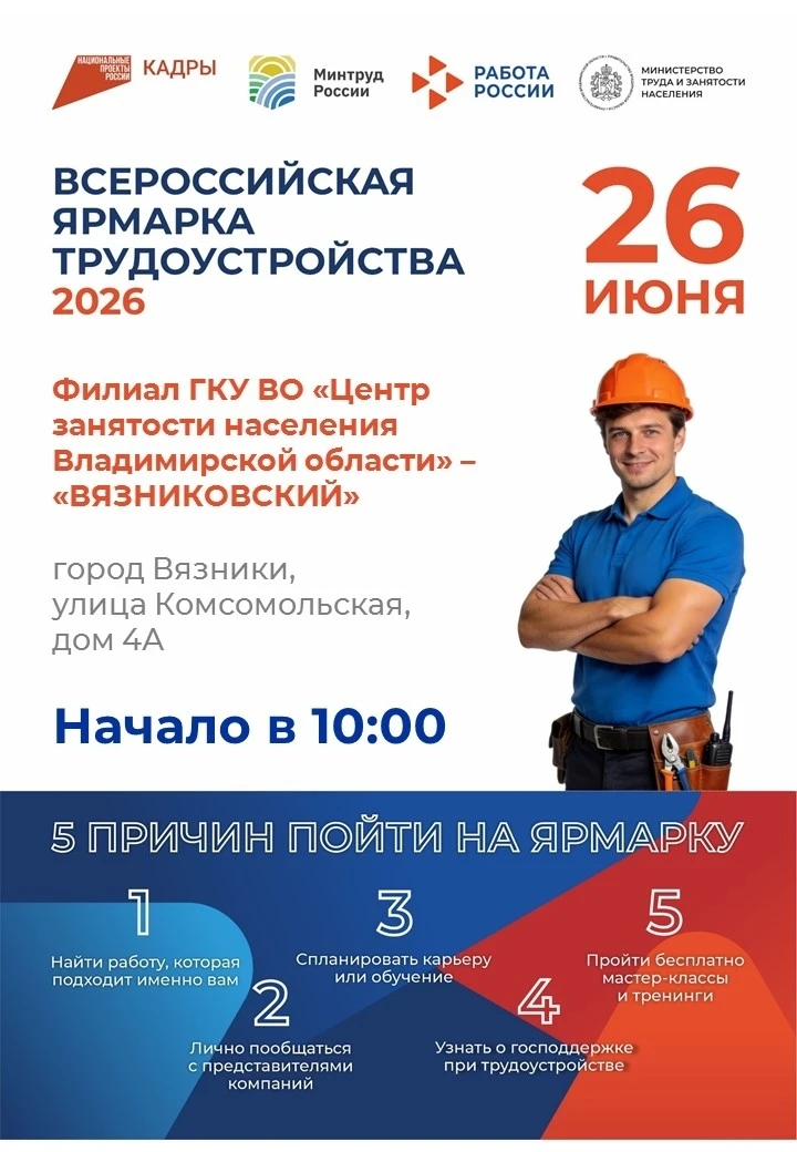 26 июня жителей Вязниковского района приглашают на федеральный этап Всероссийской ярмарки трудоустро