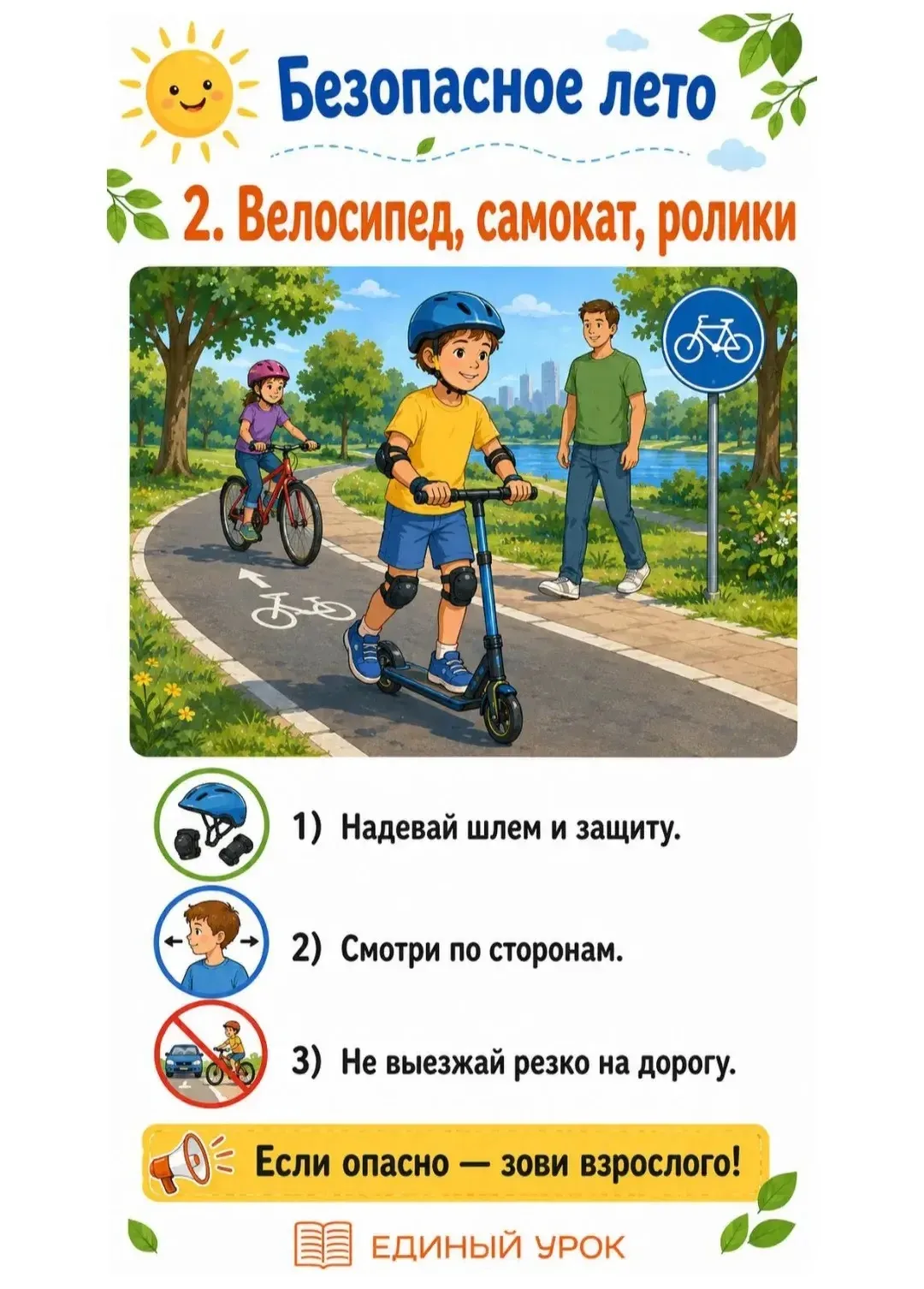Эти памятки — для ребят 7–11 лет. Самые главные правила: вода, солнце, лес, дорога, велосипед, незна