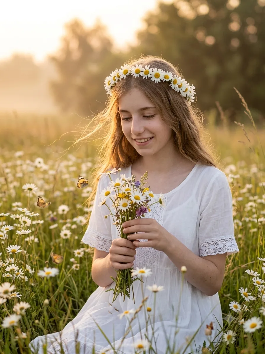 Создай фотореалистичный летний портрет девочки 12 лет на природе. Строго сохрани внешность и черты л