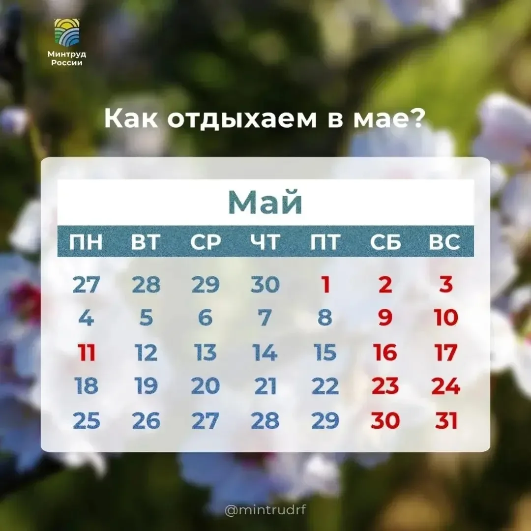 В мае 2026 года россияне будут отдыхать шесть дней. Выходные дни будут с 1 по 3 мая (с ...