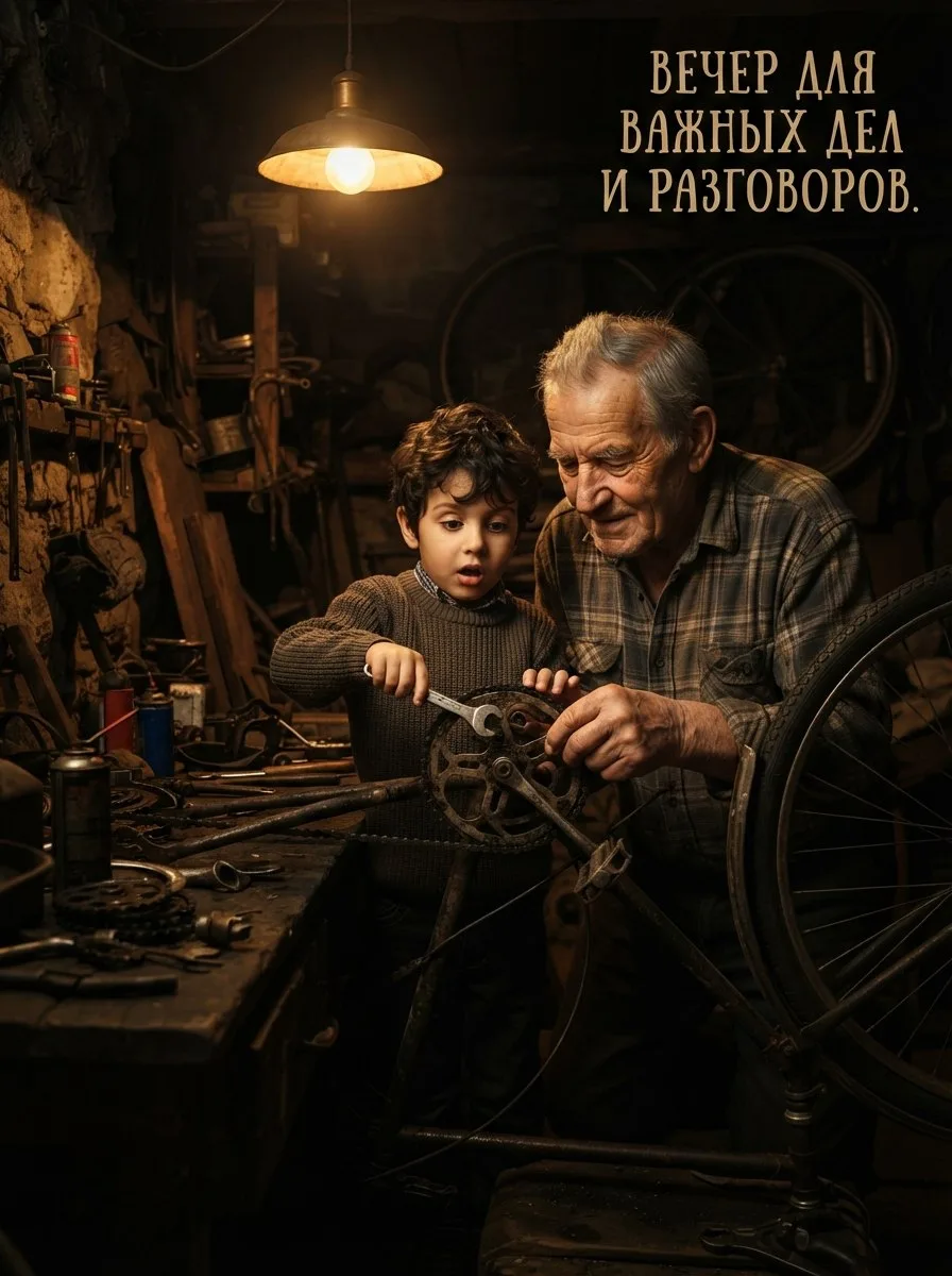 Вечер для важных дел и разговоров — это когда дед с внуком вместе чинят велосипед, а ме...
